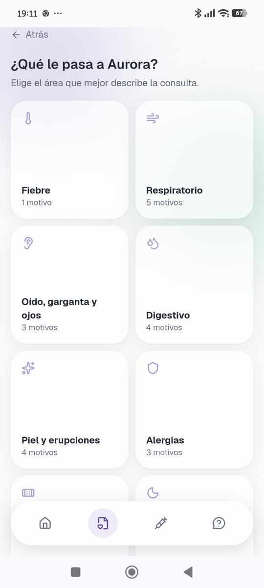 Selección de categoría de consulta según el síntoma